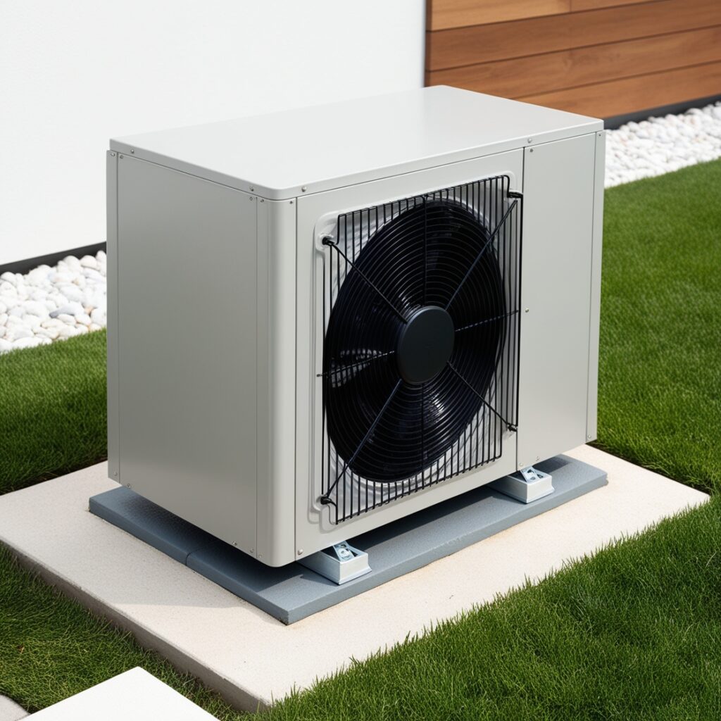 Pompa ciepła stojąca na platformie w ogródku.