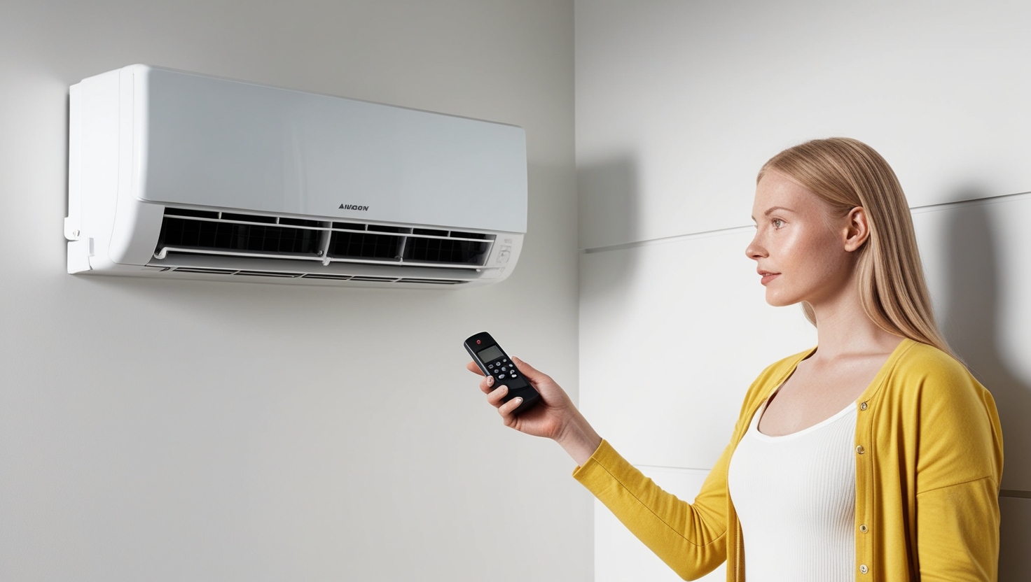 Kobieta włączająca klimatyzację z pilota.
