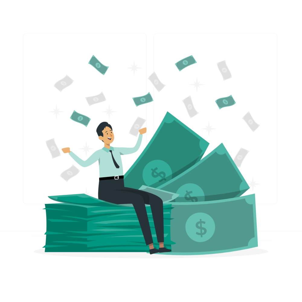 Animowana grafika, na której mężczyzna w garniturze siedzi na pliku banknotów.