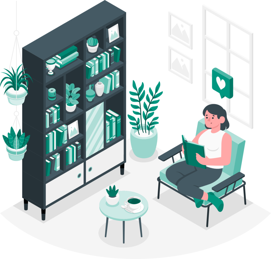 Animowana grafika, na której kobieta siedzi w fotelu i czyta książkę.