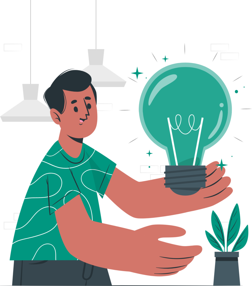 Mężczyzna trzymają w rękach świecącą się żarówkę.