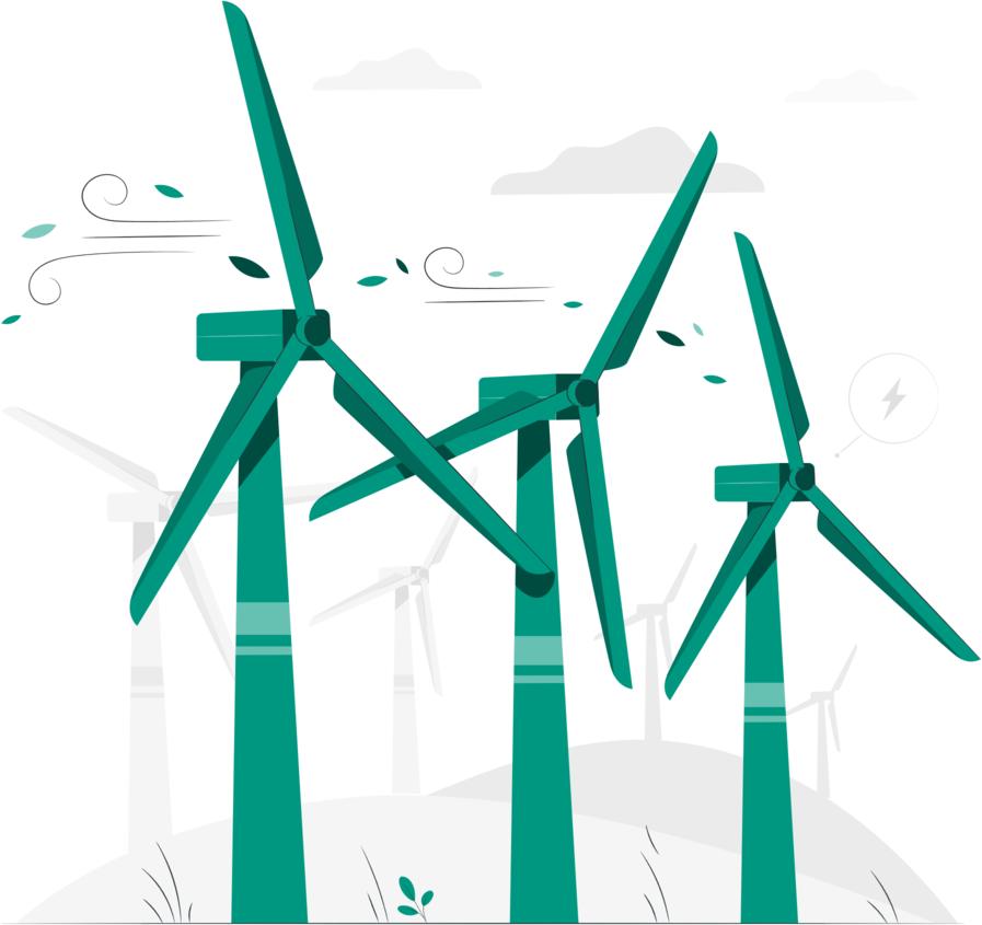Animowana grafika przedstawiająca turbiny wiatrowe